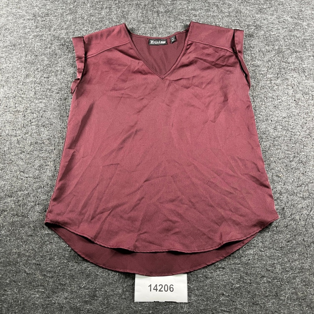 7th Avenue New York & Company Blouse Top Womens XS Burgundy Cuffed Sleeve V Neck